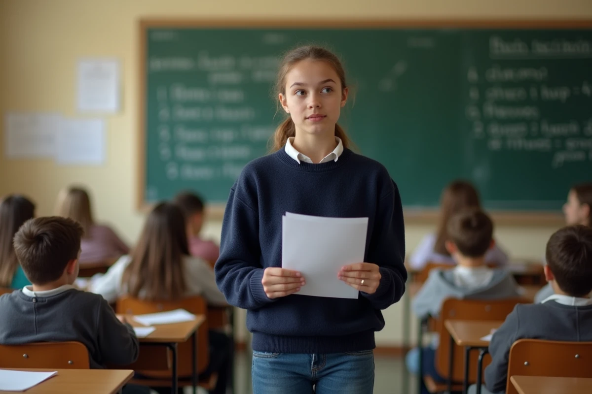 Jeune élève qui prend la parole devant sa classe pour se présenter comme candidate déléguée