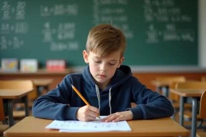 Élève concentré résolvant un exercice sur les fractions et les nombres décimaux à son bureau en classe