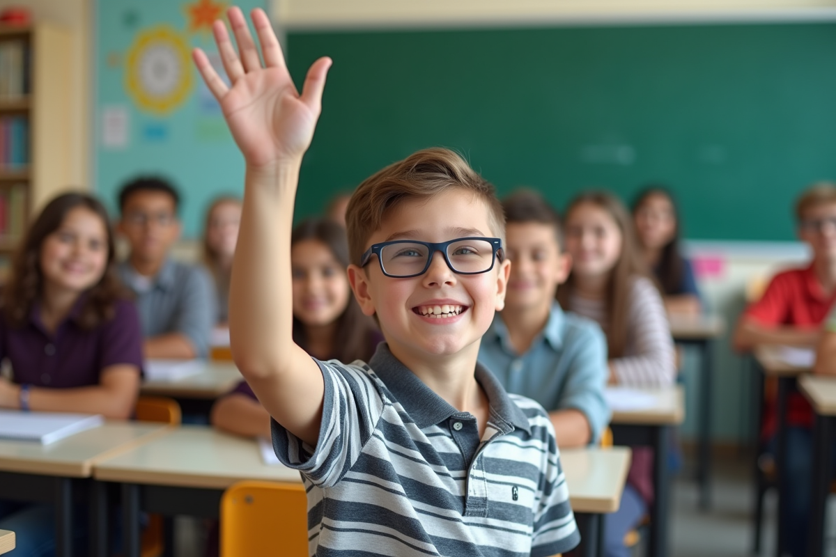 Jeune élève levant la main dans une classe lumineuse