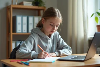 Adolescente organisée écrivant ses devoirs dans un agenda papier à son bureau bien rangé