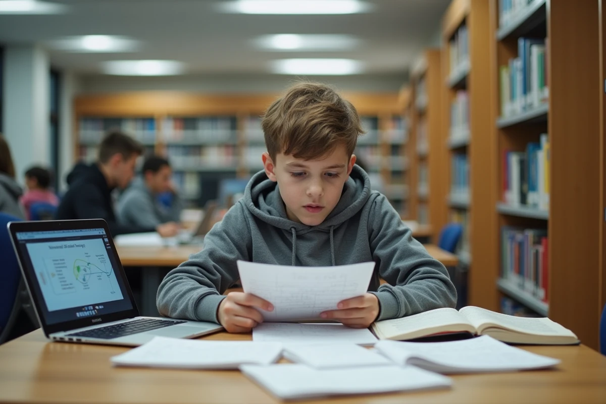 Élève de terminale STMG révisant le tableau de caractérisation entouré de manuels et fiches dans une bibliothèque scolaire