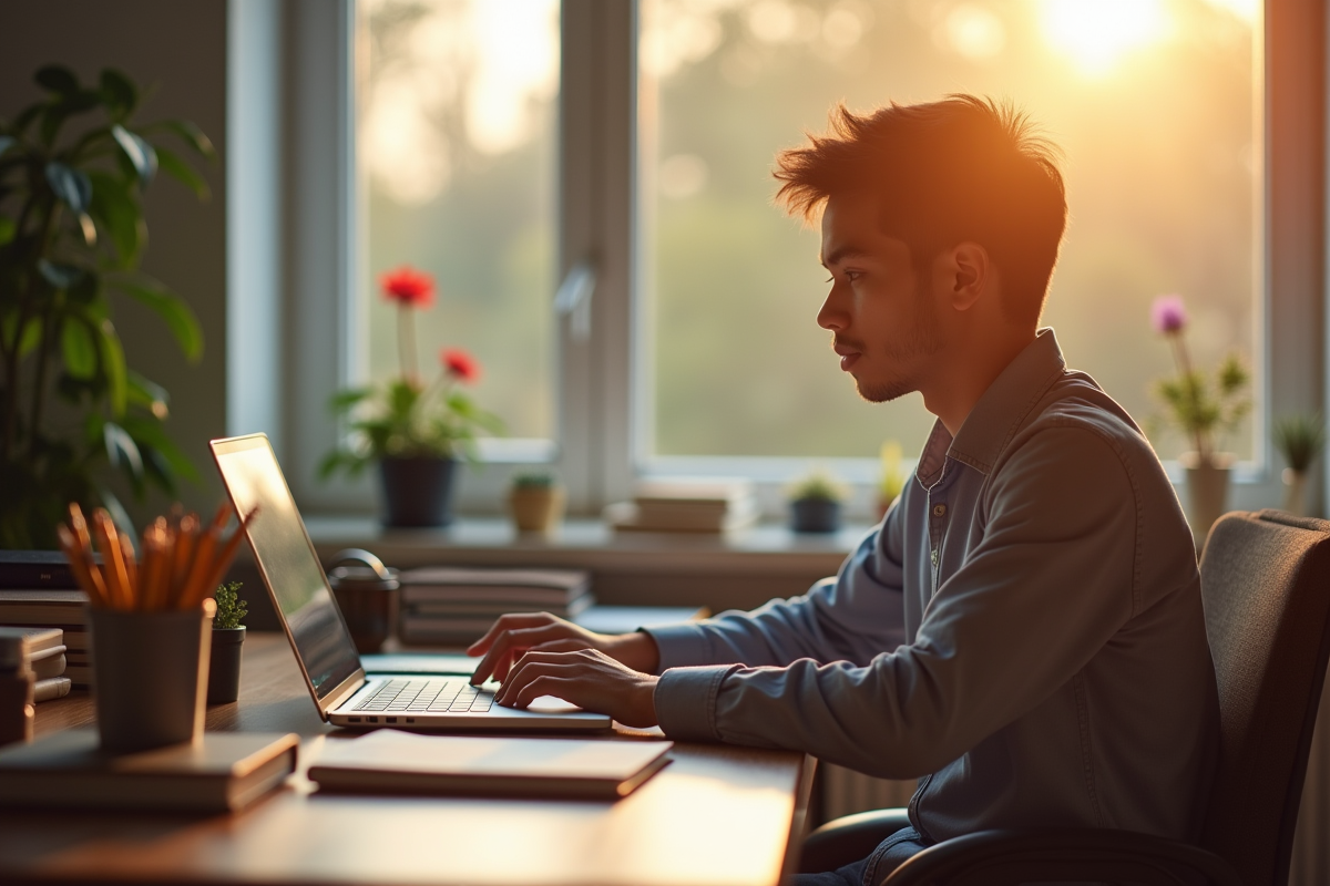 Étudiant concentré sur son ordinateur à la maison avec ses fournitures