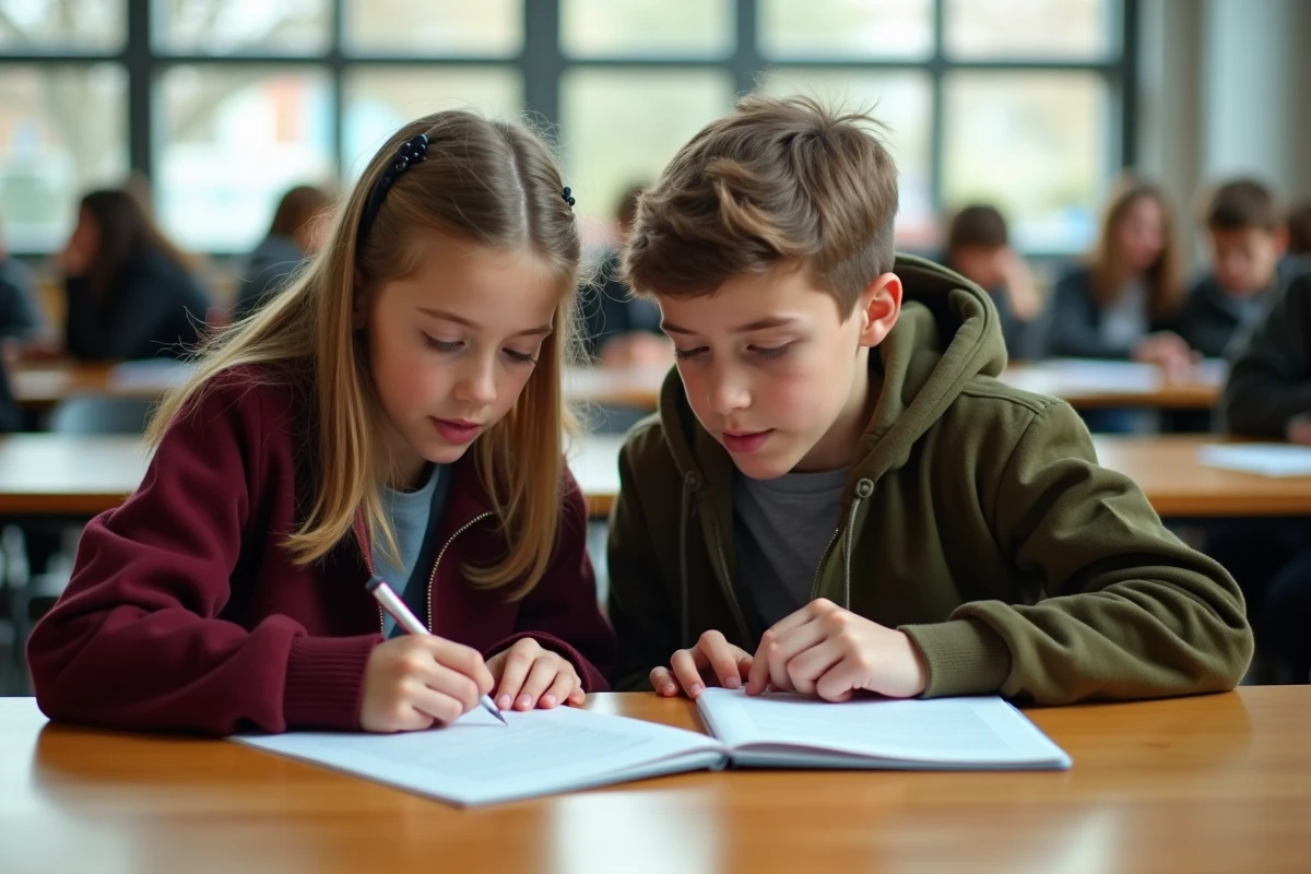 Deux élèves qui préparent ensemble un discours pour les élections de délégué de classe
