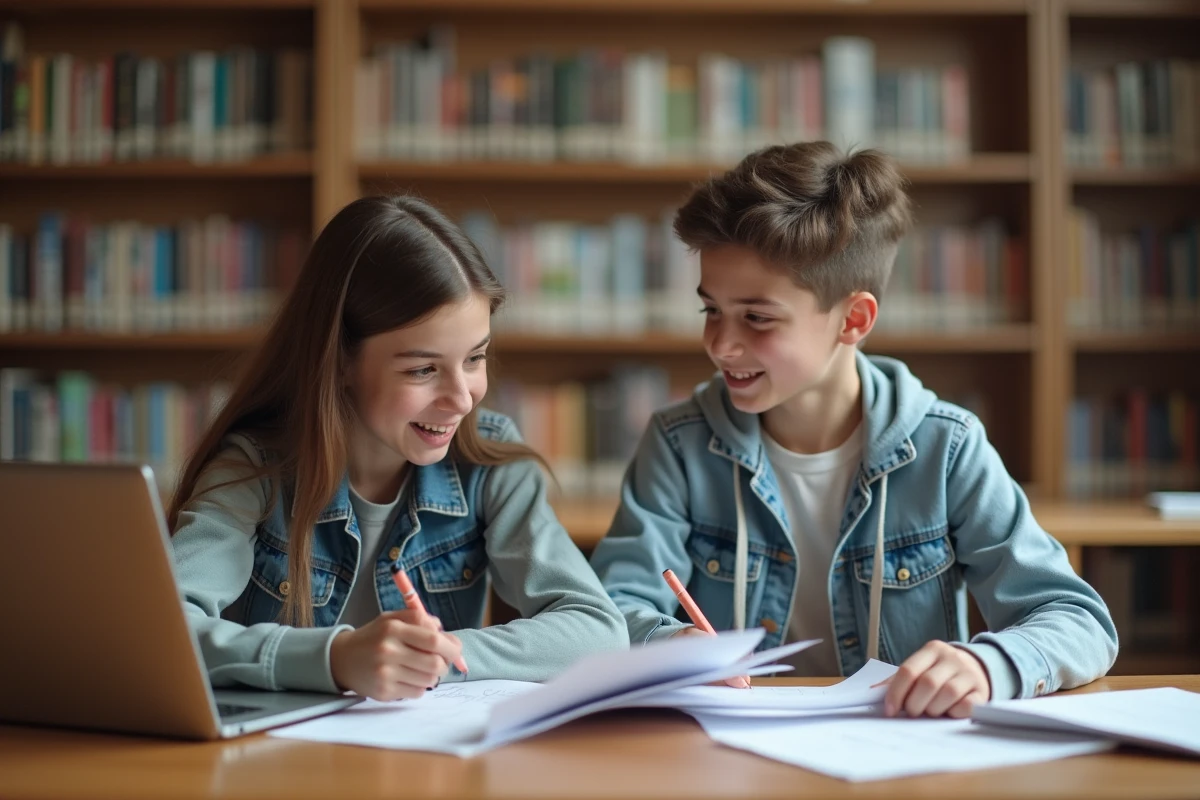 Deux élèves travaillant ensemble sur leurs devoirs dans une bibliothèque scolaire avec un ordinateur portable