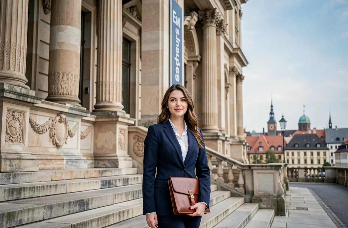 Étudiante devant la façade néoclassique de l'EM Strasbourg Business School