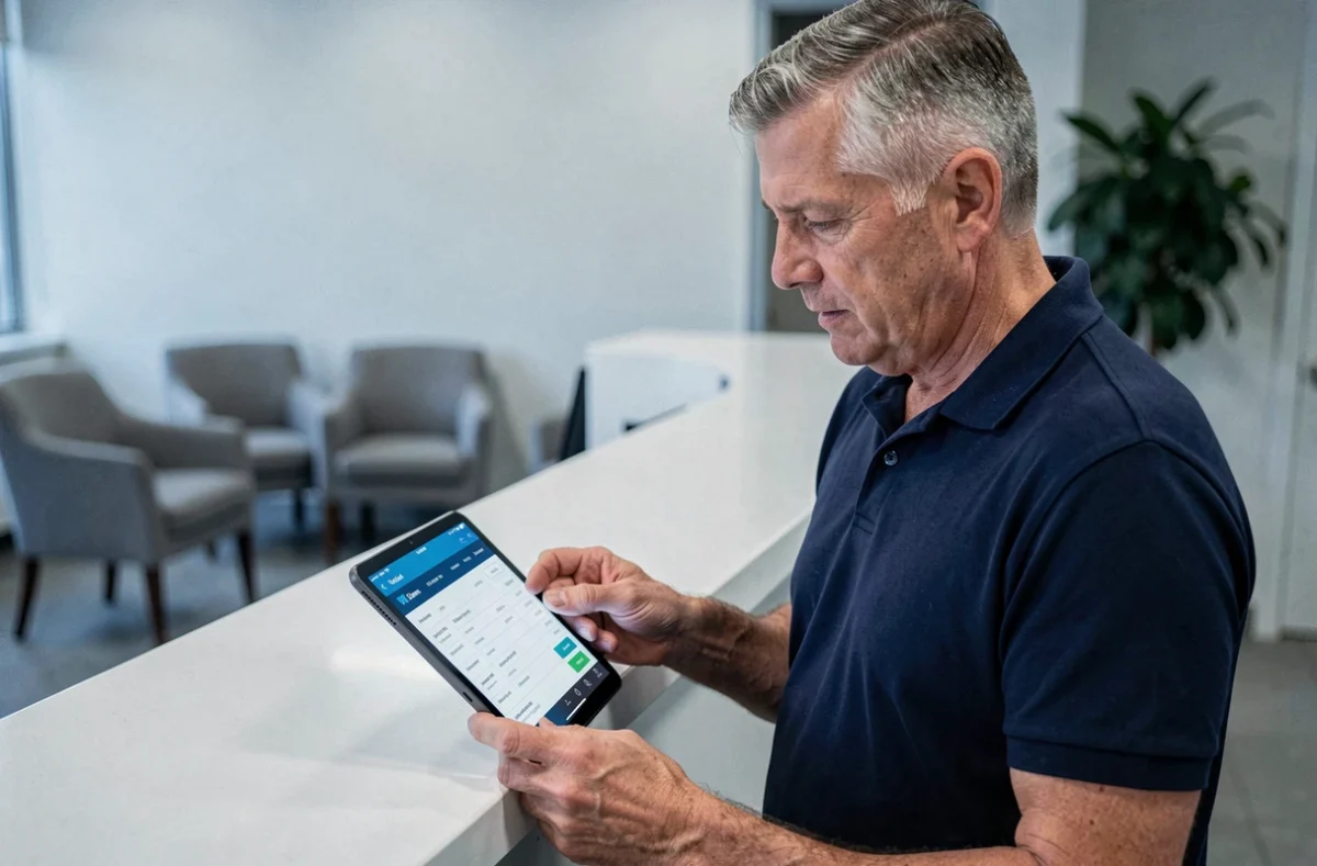 Professionnel de santé vérifiant une facture et un encaissement sur tablette à l'accueil d'un cabinet médical