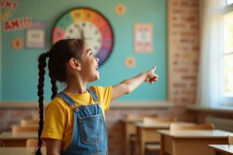 Petite fille pointant une horloge analogique en classe pour apprendre l'heure AM en anglais