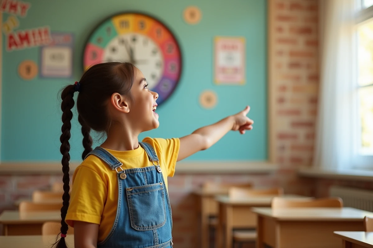 Petite fille pointant une horloge analogique en classe pour apprendre l'heure AM en anglais