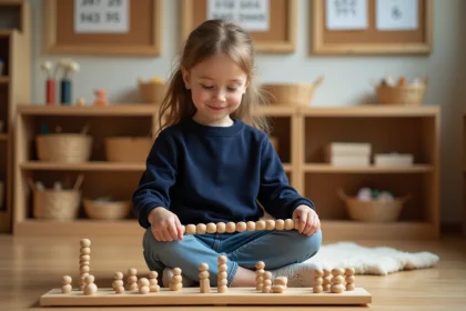 Jeune fille manipulant des perles Montessori en bois pour apprendre les tables de multiplication dans une salle de classe Montessori