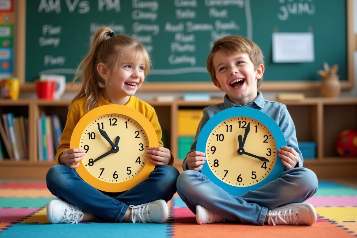 Deux enfants jouant avec des horloges en mousse pour apprendre AM et PM en anglais en classe