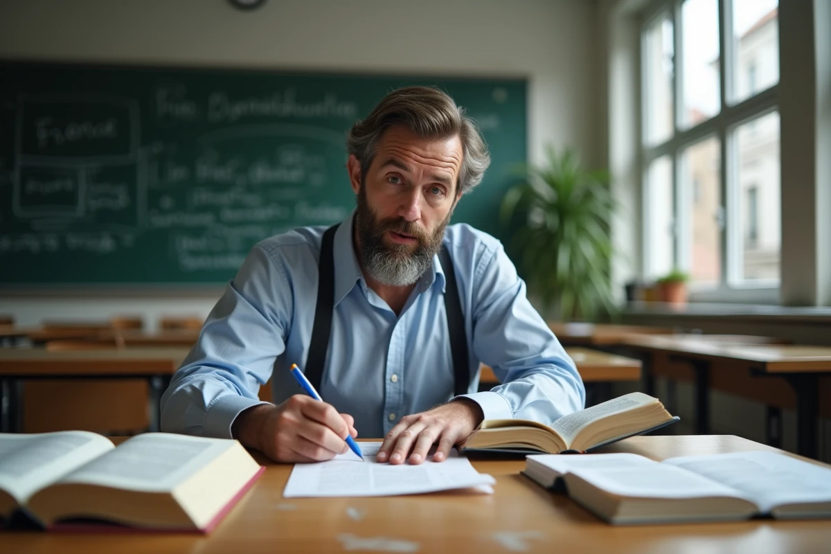 Professeur corrigeant un devoir de français dans une classe