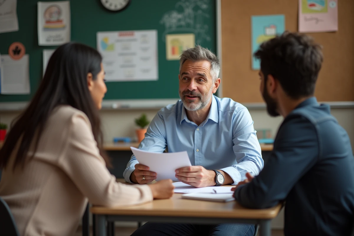 Professeur parlant avec deux parents dans une classe