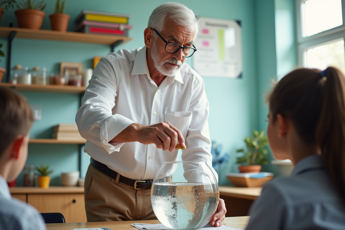 Professeur de science en classe menant une experience flottante