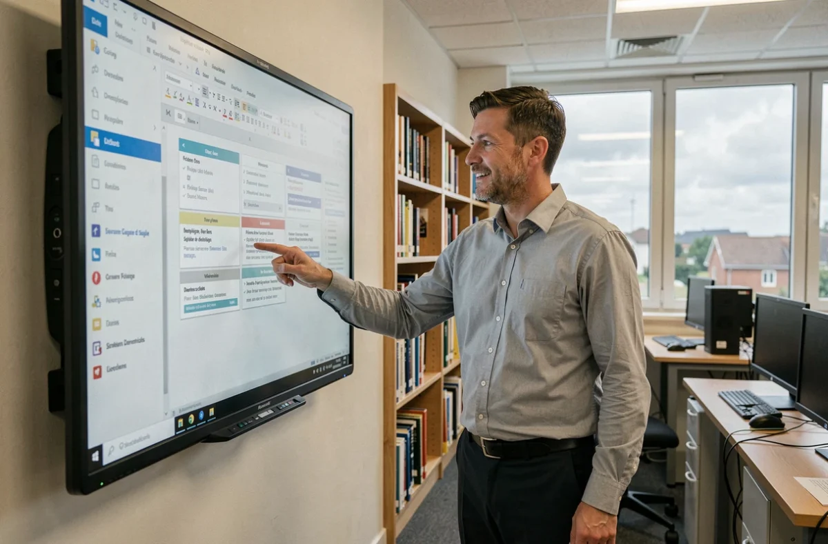Enseignant normand présentant un espace numérique de travail sur tableau interactif