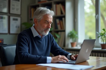 Professeur homme en bureau moderne avec ordinateur portable