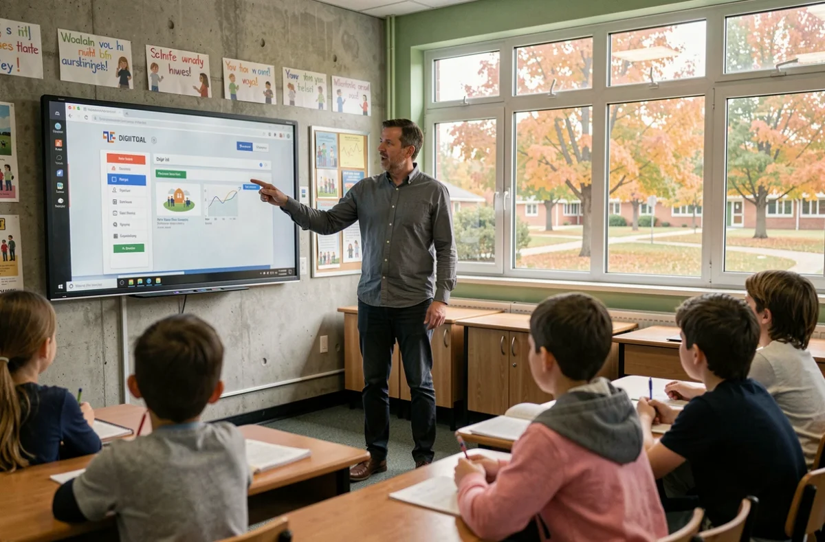 Enseignant présentant l'ENT college78 à ses élèves sur tableau interactif en salle de classe
