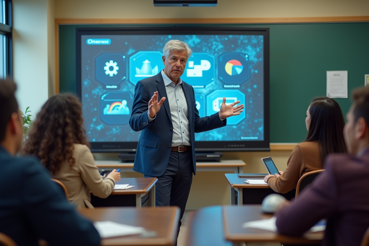 Professeur en classe avec tableau interactif et élèves attentifs