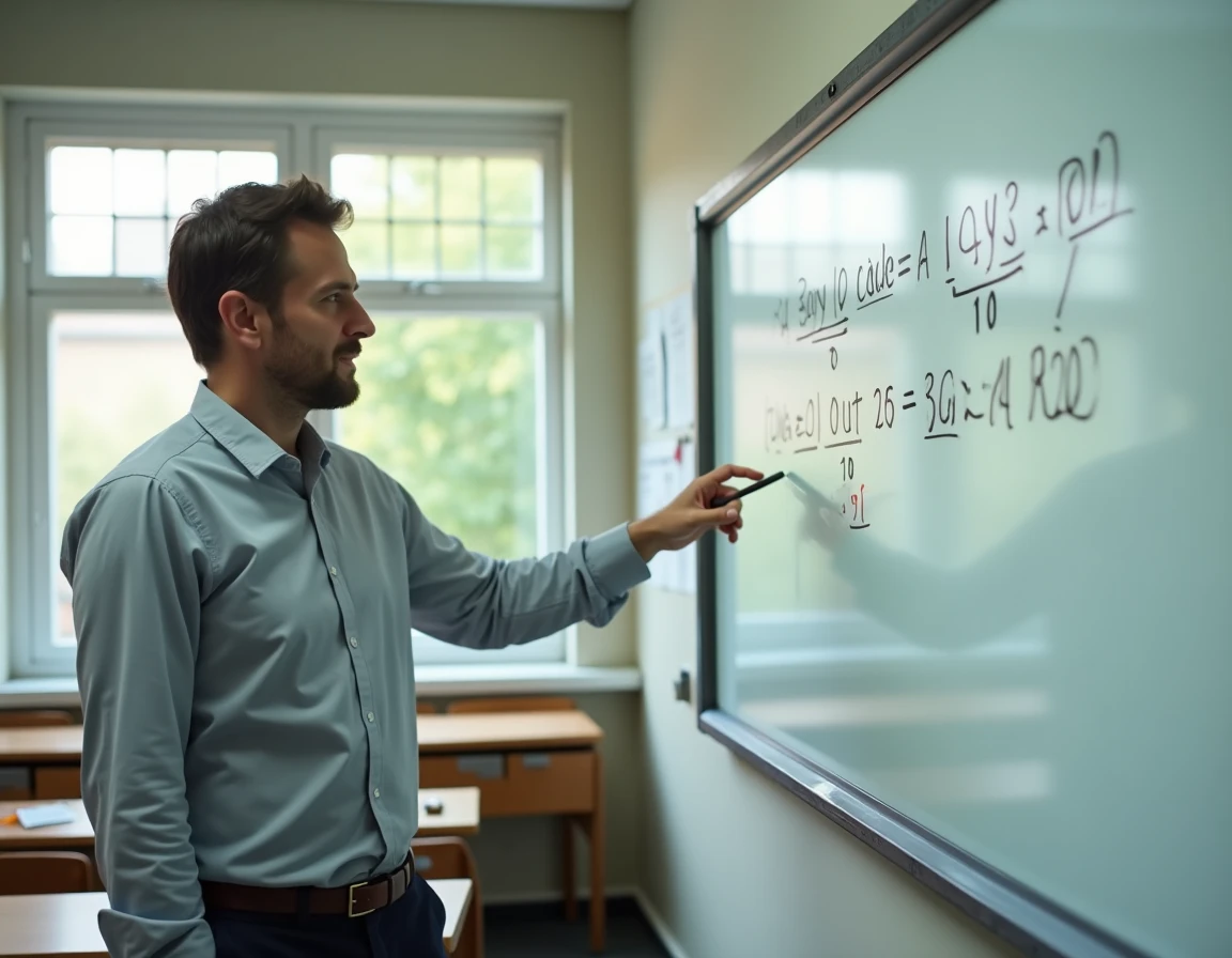 Enseignant devant un tableau blanc expliquant la formule de conversion d'une note sur 25 en note sur 20 dans une salle de classe