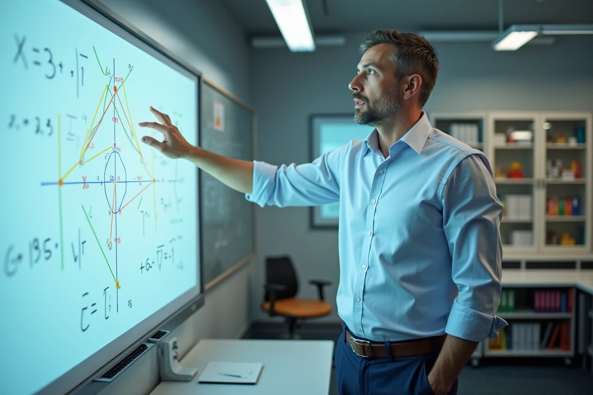 Professeur expliquant des vecteurs sur tableau interactif