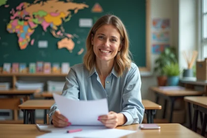 Enseignante primaire femme dans classe moderne