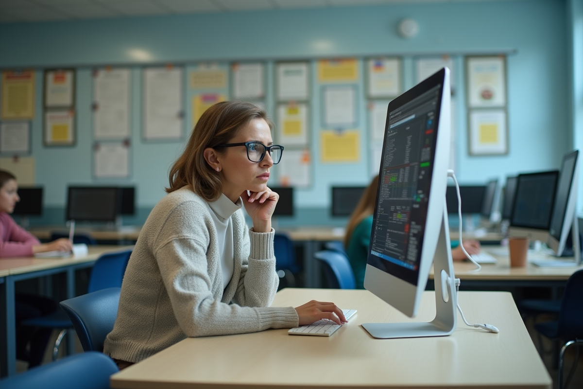 Femme préoccupée devant un écran dans un laboratoire informatique