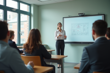 Professeure universitaire parlant aux étudiants en classe moderne