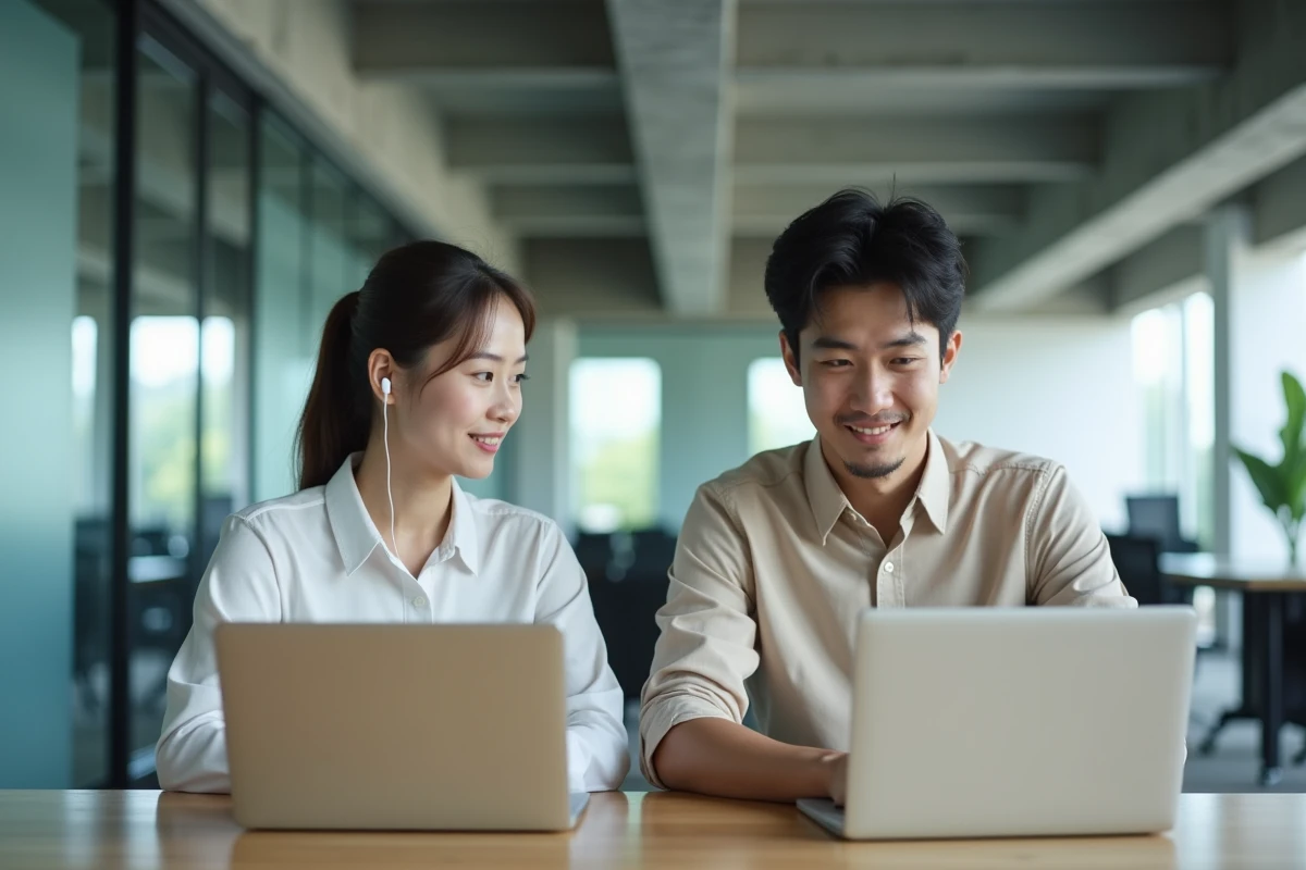 Deux professionnels s'entraînant ensemble au TOEIC sur ordinateur dans un espace de coworking