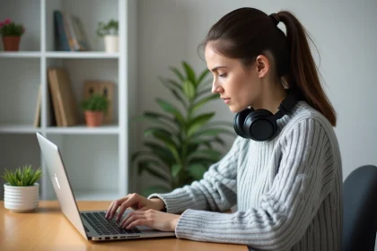 Jeune femme se préparant au TOEIC en ligne sur son ordinateur portable dans un bureau à domicile