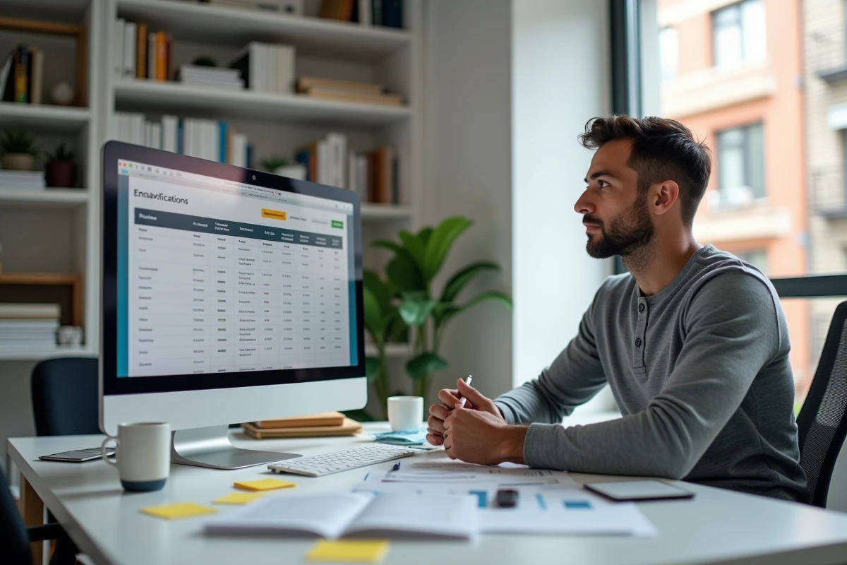 Entrepreneur masculin comparant des forfaits d'abonnement à une plateforme d'emailing dans un bureau à domicile avec des rapports analytiques imprimés