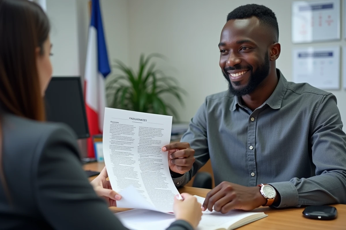 Homme en entretien de naturalisation avec une conseillère administrative dans un bureau officiel