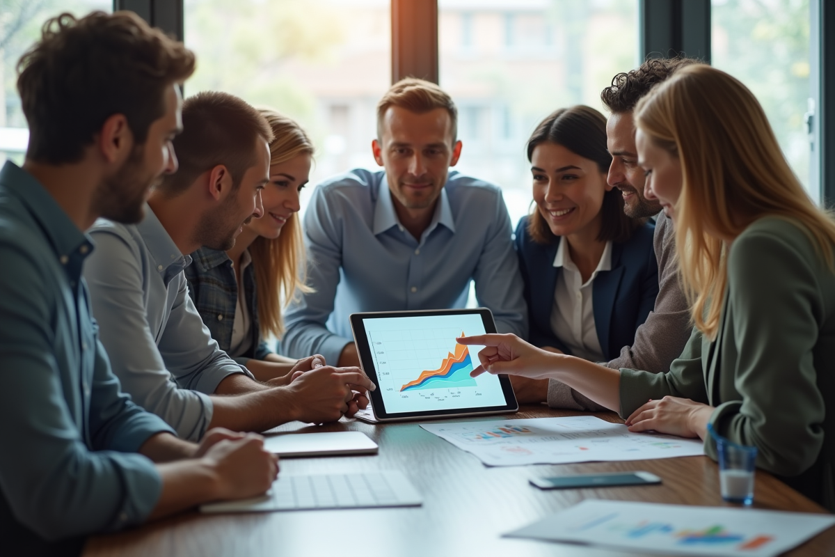 Equipe diverse collaborant autour d une tablette de croissance