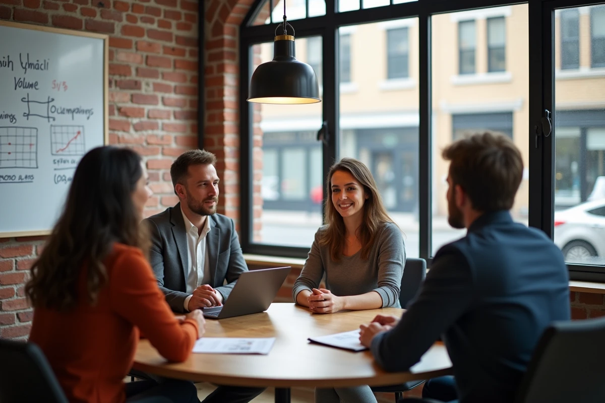Équipe marketing en réunion autour d'une table discutant des volumes d'envoi et des options de tarification d'abonnement emailing dans un espace de coworking