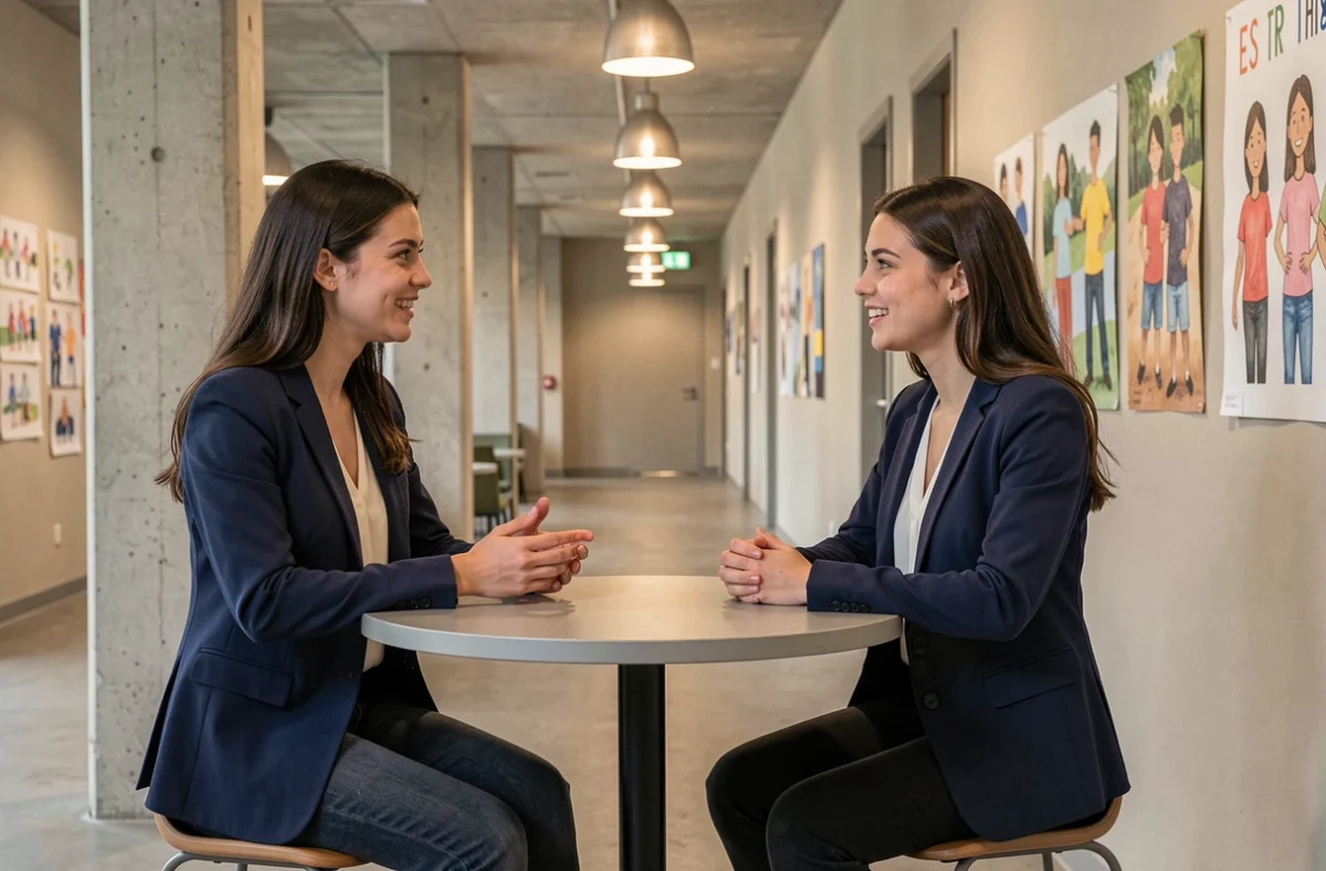 Deux étudiantes échangeant dans le couloir lounge moderne de l'ESC Troyes
