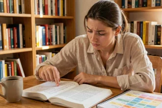 Jeune femme étudiant la conjugaison espagnole avec un manuel de grammaire ouvert et des notes manuscrites sur l'imparfait et le passé simple