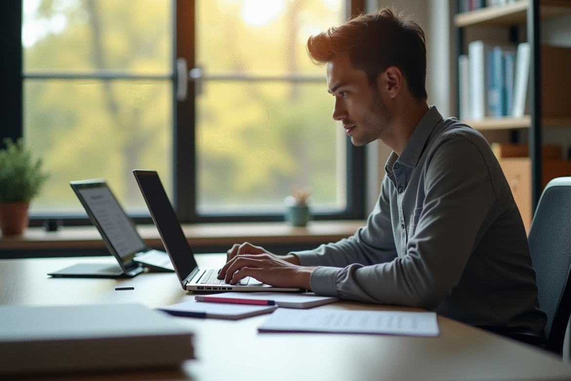 Etudiant universitaire travaillant sur un bureau lumineux avec un ordinateur portable