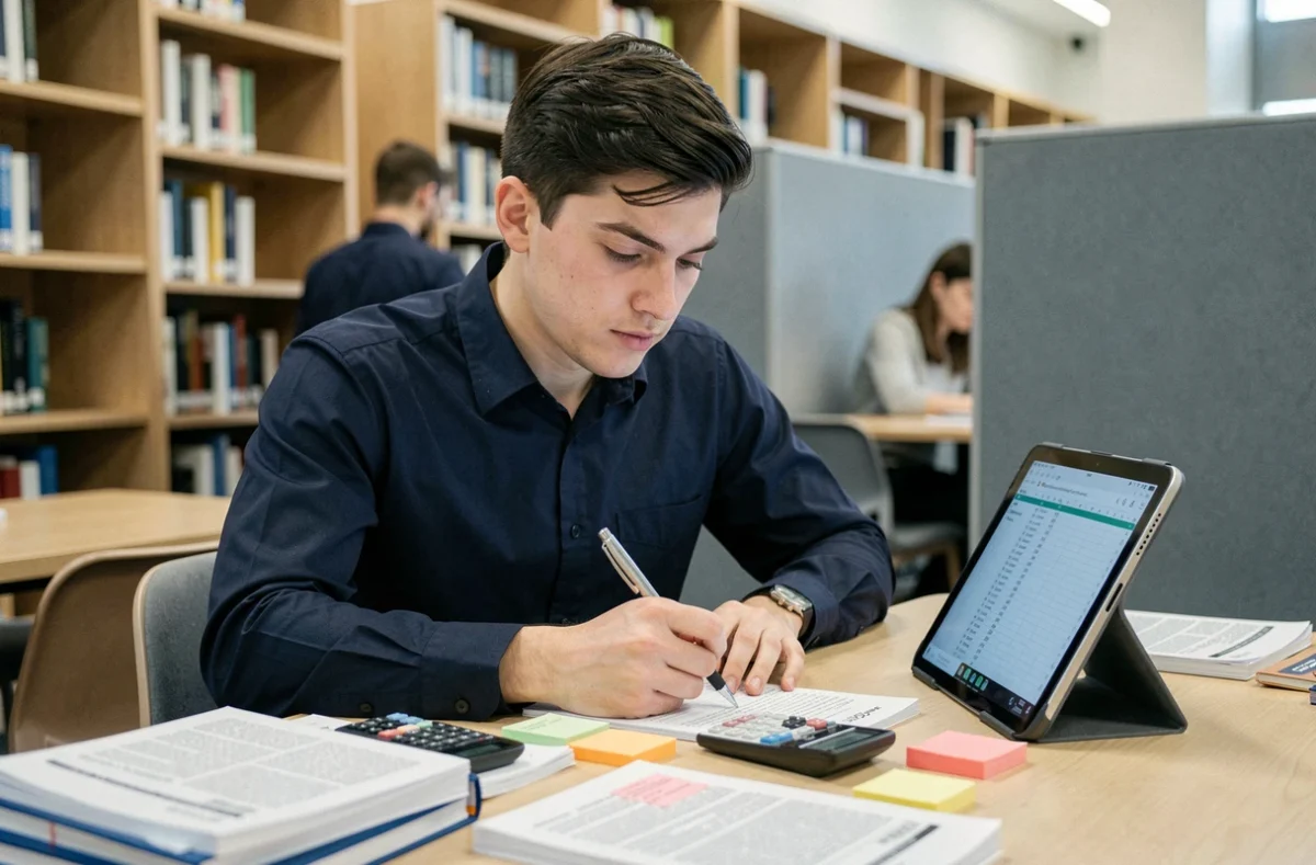 Étudiant consultant un calculateur de moyenne avec coefficient à la bibliothèque universitaire