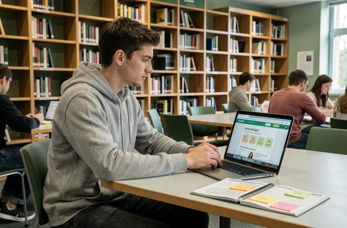 Étudiant universitaire consultant un manuel de conjugaison espagnole et un ordinateur portable dans une bibliothèque moderne pour apprendre le passé simple de ir