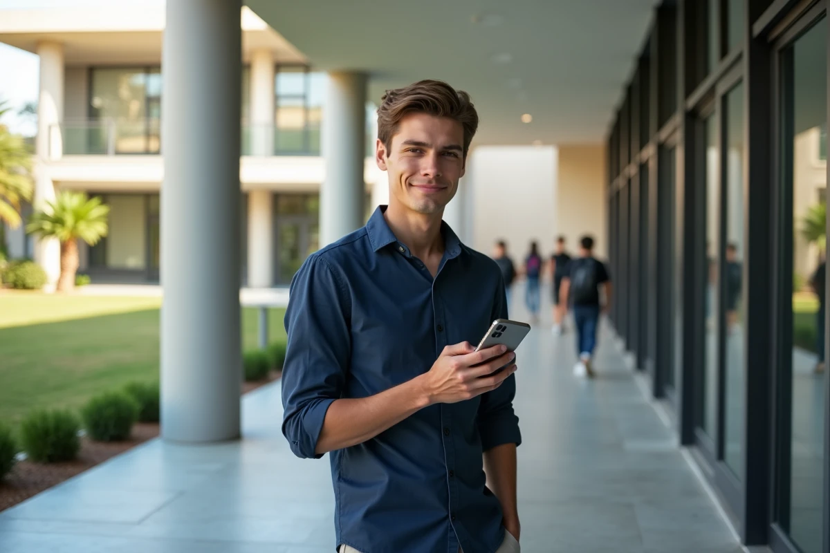 Étudiant connectant son smartphone au réseau WiFi du campus de Centrale Marseille dans un couloir universitaire moderne