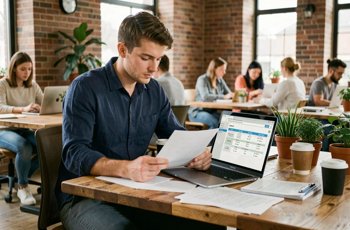 Étudiant en mobilité internationale travaillant sur un dossier de double diplôme pendant une césure dans un espace de co-working