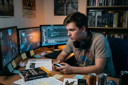 Étudiant passionné de jeux vidéo dans sa chambre travaillant sur un projet de game design avec manette et écrans allumés