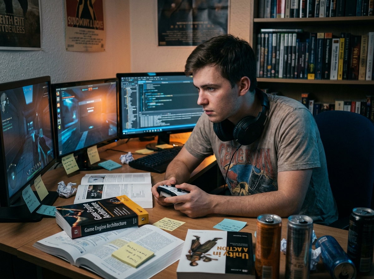 Étudiant passionné de jeux vidéo dans sa chambre travaillant sur un projet de game design avec manette et écrans allumés