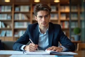 Jeune homme concentré en bibliothèque pour un article sur l'étude