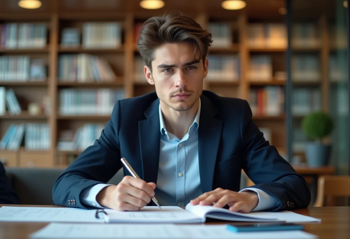 Jeune homme concentré en bibliothèque pour un article sur l'étude