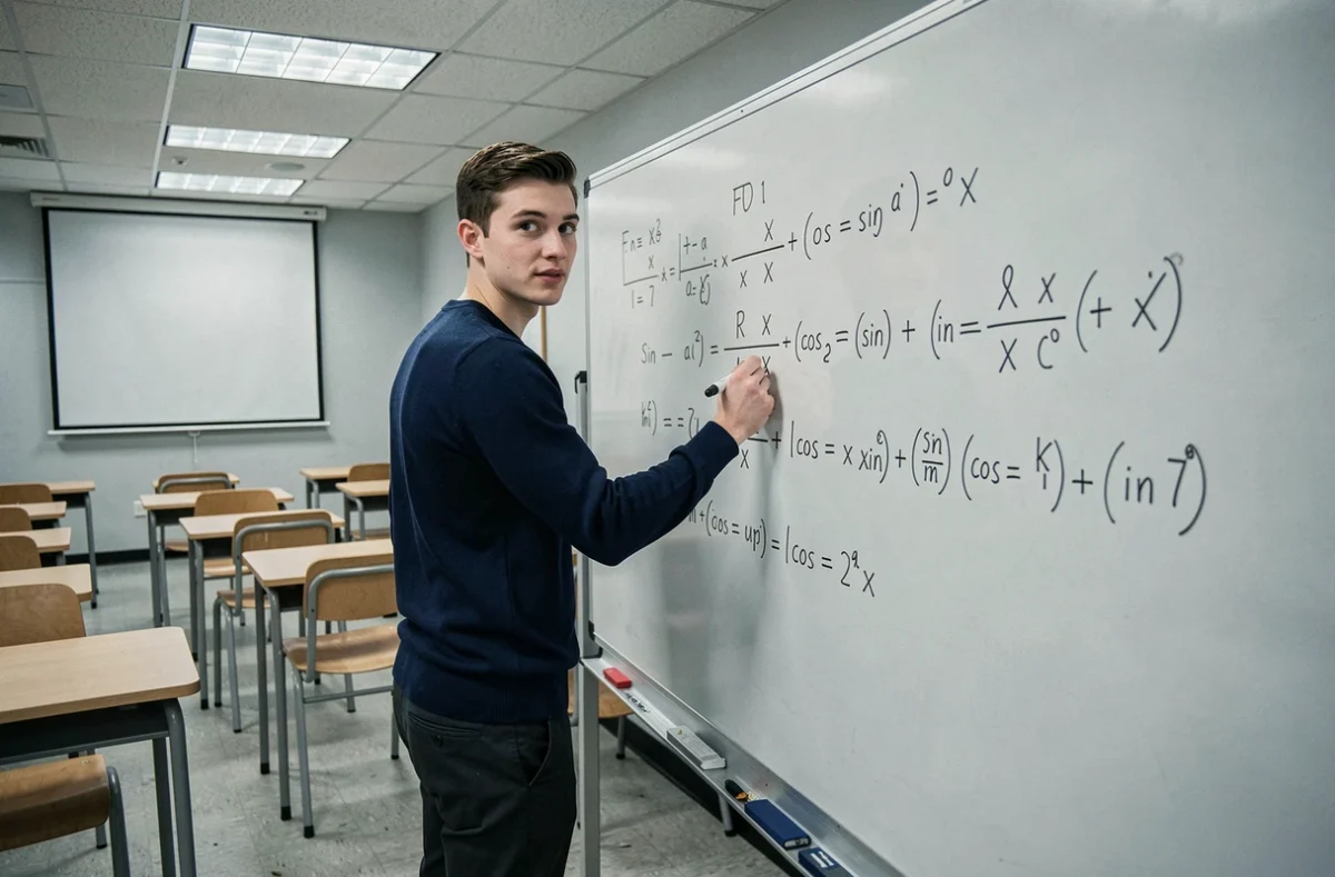 Étudiant en classe préparatoire expliquant une identité trigonométrique cos sin au tableau blanc