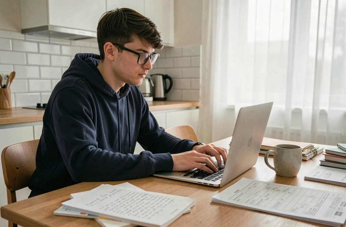 Étudiant en télétravail tapant sur son ordinateur portable dans une cuisine moderne avec notes de cours et planning imprimé