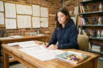 Étudiante en animation travaillant sur des esquisses de personnages dans un atelier de l'école Gobelins