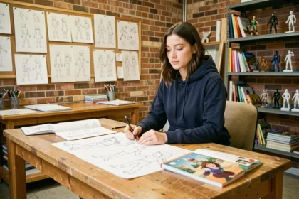 Étudiante en animation travaillant sur des esquisses de personnages dans un atelier de l'école Gobelins