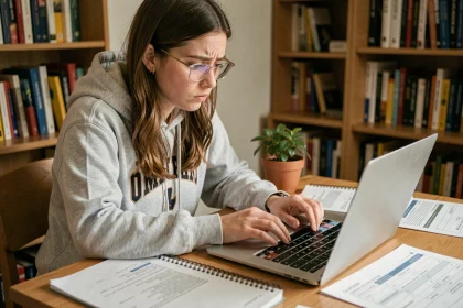 Étudiante calculant sa moyenne avec coefficient sur un ordinateur portable dans sa chambre universitaire