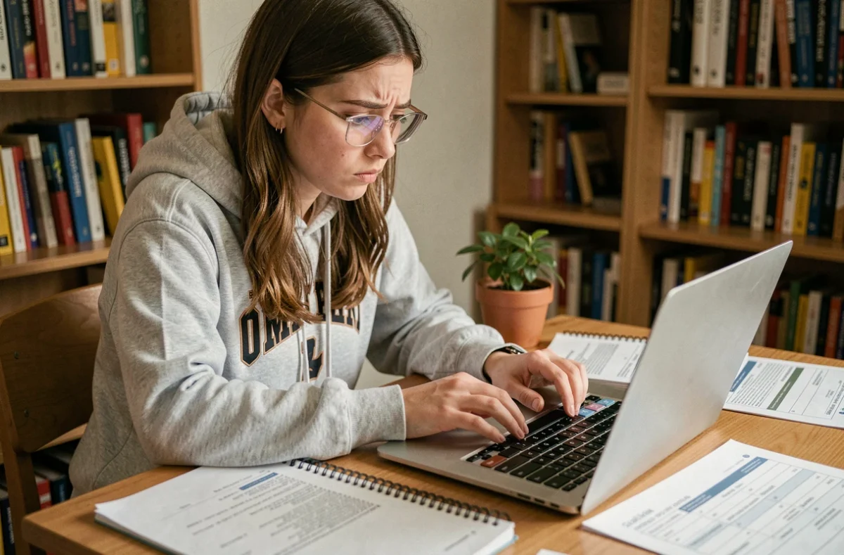 Étudiante calculant sa moyenne avec coefficient sur un ordinateur portable dans sa chambre universitaire