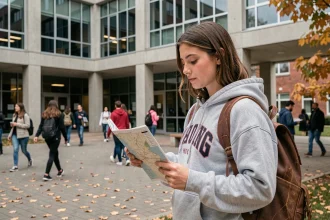 Étudiante en école d'ingénieurs consultant un plan de campus lors d'un changement d'établissement dans le cadre du programme LISE ENSAM